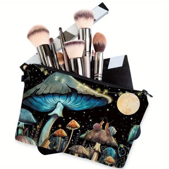 Cosmetic Bag Trippy Mushroom Forest Makeup Clutch Pouch Travel Hippie Moon Snail - Picture 2 of 5